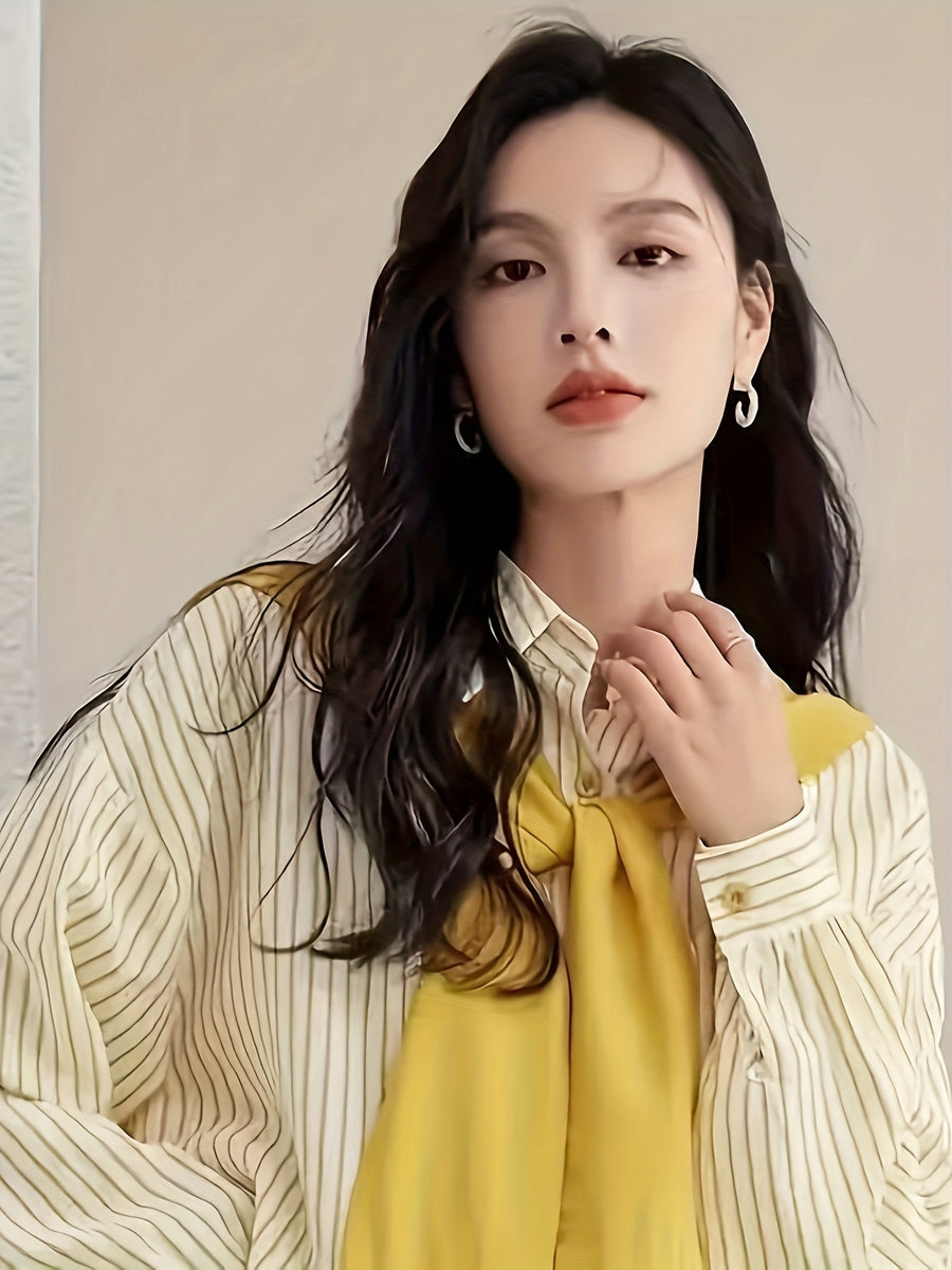 Women's Casual Striped Shirt, Patchwork Top - Lemon Yellow