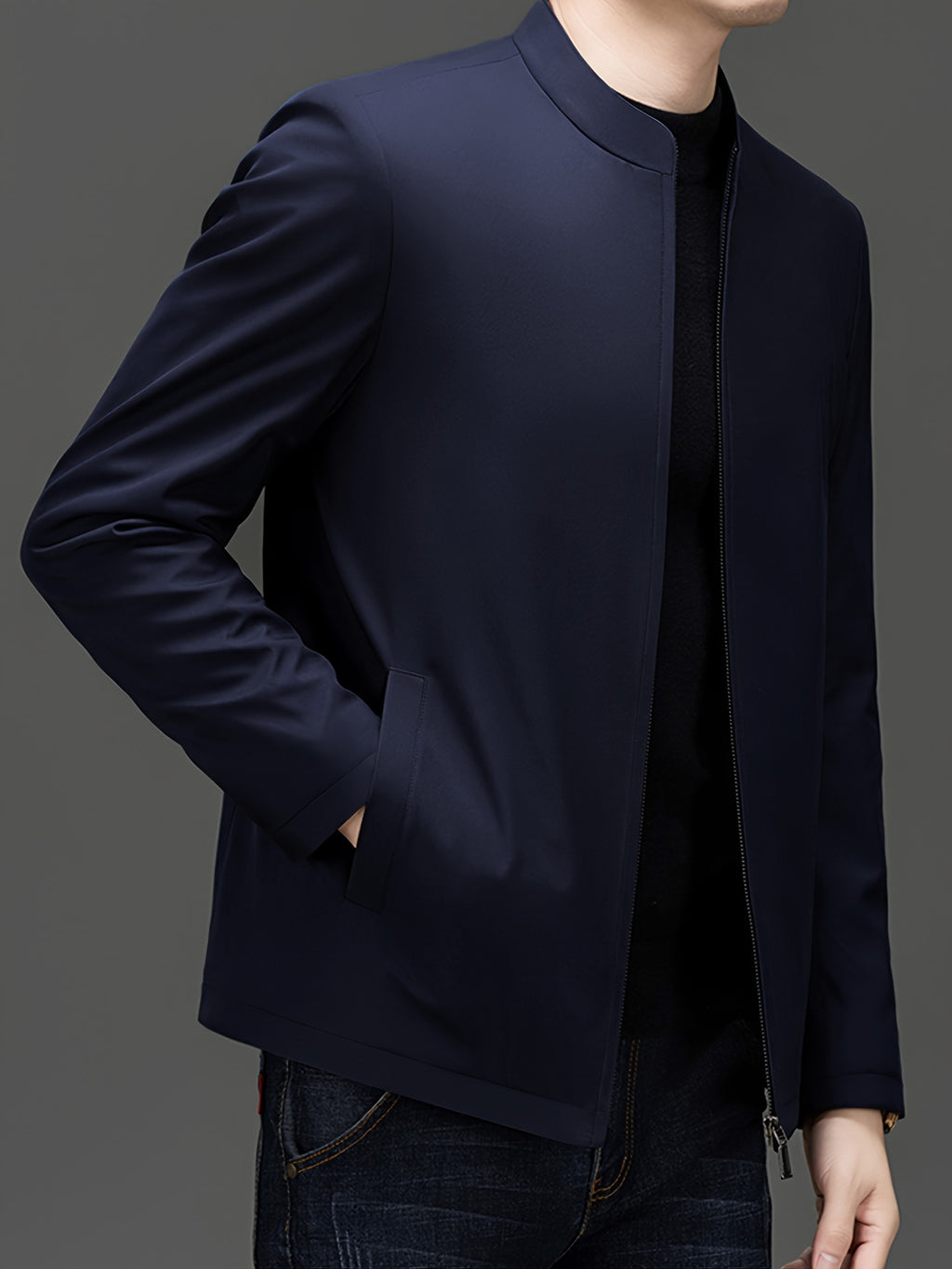 New Men'S Jacket for Spring/Autumn, New Business Casual Top with Stand-Up Collar And Zipper Closure, Machine Washable Polyester, Solid Regular Fit Suitable for Autumn Weather, Men'S Business Casual - Navy Color