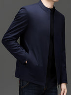 New Men'S Jacket for Spring/Autumn, New Business Casual Top with Stand-Up Collar And Zipper Closure, Machine Washable Polyester, Solid Regular Fit Suitable for Autumn Weather, Men'S Business Casual - Navy Color