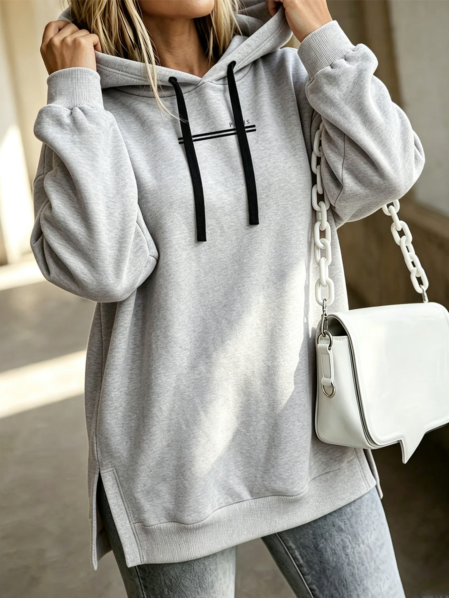 Women'S Fashion Hooded Sweatshirt for Autumn And Winter - Pattern Print Design, Side Slit Detail, Pullover Hoodie - Light Grey