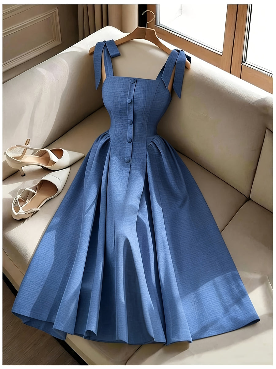Women' Elegant A-Line Bridesmaid Dress with Square Neck & High-Waisted Waist-Cinching Bow Camisole Dress - Machine Washable Solid Color Suitable for Beach Wedding Guest Dresses, Daily Wear, Parties, Vacations, Bridesmaids Outfits - Blue