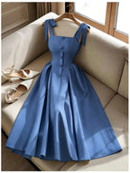 Women' Elegant A-Line Bridesmaid Dress with Square Neck & High-Waisted Waist-Cinching Bow Camisole Dress - Machine Washable Solid Color Suitable for Beach Wedding Guest Dresses, Daily Wear, Parties, Vacations, Bridesmaids Outfits - Blue