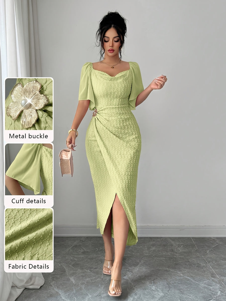 Elegant French-Style Gentle Fit Bodycon Dress with Metal Buckle Accent Pleats, Figure-Flattering Temperament Long Dress for Daily Commute, Dates, and Dinner Parties, Women's Clothing - Light Green