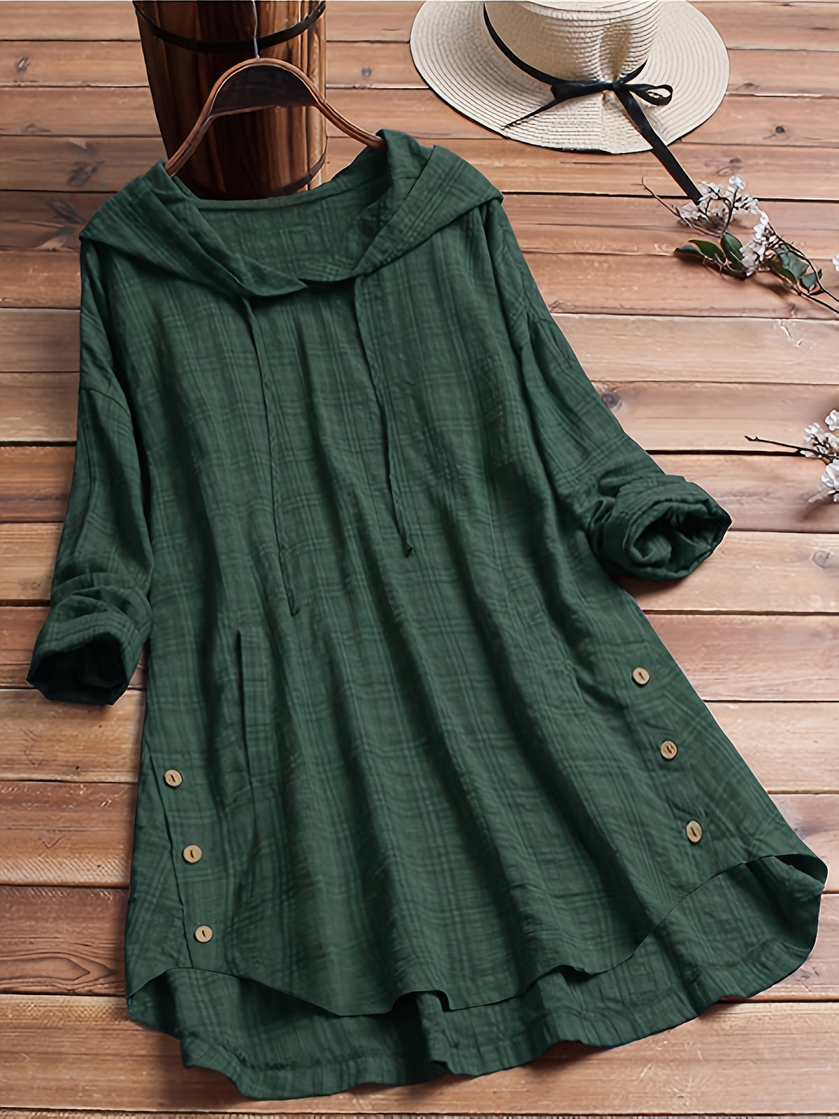 Casual Long-Sleeve Hooded Shirt, Asymmetrical Top, Stylish Plaid Blouse, Autumn Waist-Tied Outerwear for Women, Elegant Long-Sleeve Drawstring Shirt - Dark Green