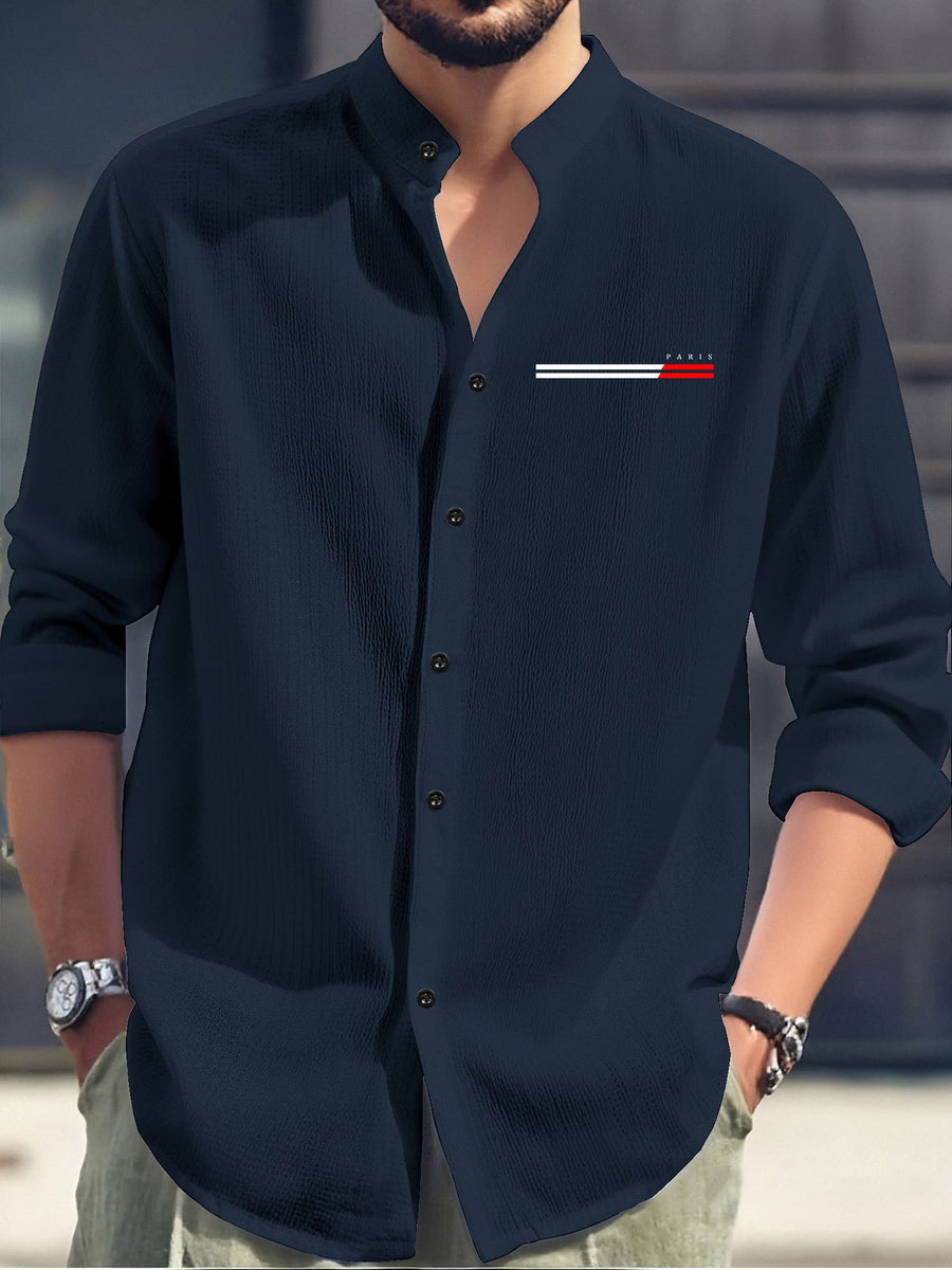 Men'S Fashion Casual Comfortable Lightweight Long Sleeve Shirt - Breathable Stand Collar Button- - Easy Care Top, Paris Letter Pattern Print, Machine Washable Office And Everyday Wear, Activities And Outings Versatile Apparel - Navy Color