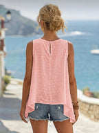Fashionable Solid Color Round Neck Asymmetrical Hem A-Line Tank Top, Women's Elegant Top - Pink