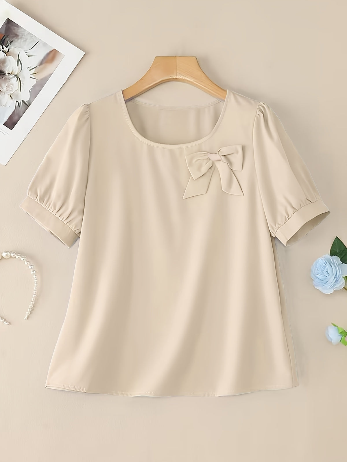 Elegant Casual Square Neck Short Sleeve Shirt with Bow and Puff Sleeves, Solid Color Top - Apricot