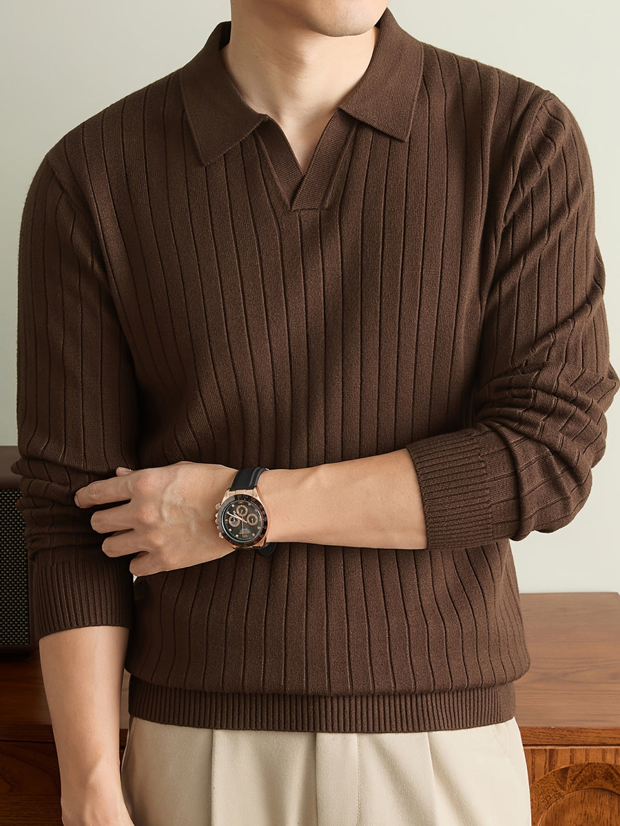 Autumn Winter Men'S Sweater, Lapel Men'S Long Sleeve Sweater, Casual Solid Color Pinstripe Seagull Collar Knit Warm Pullover POLO Shirt, Daily Commute Outdoor Holiday Wear POLO Shirt Sweater - Mocha Brown