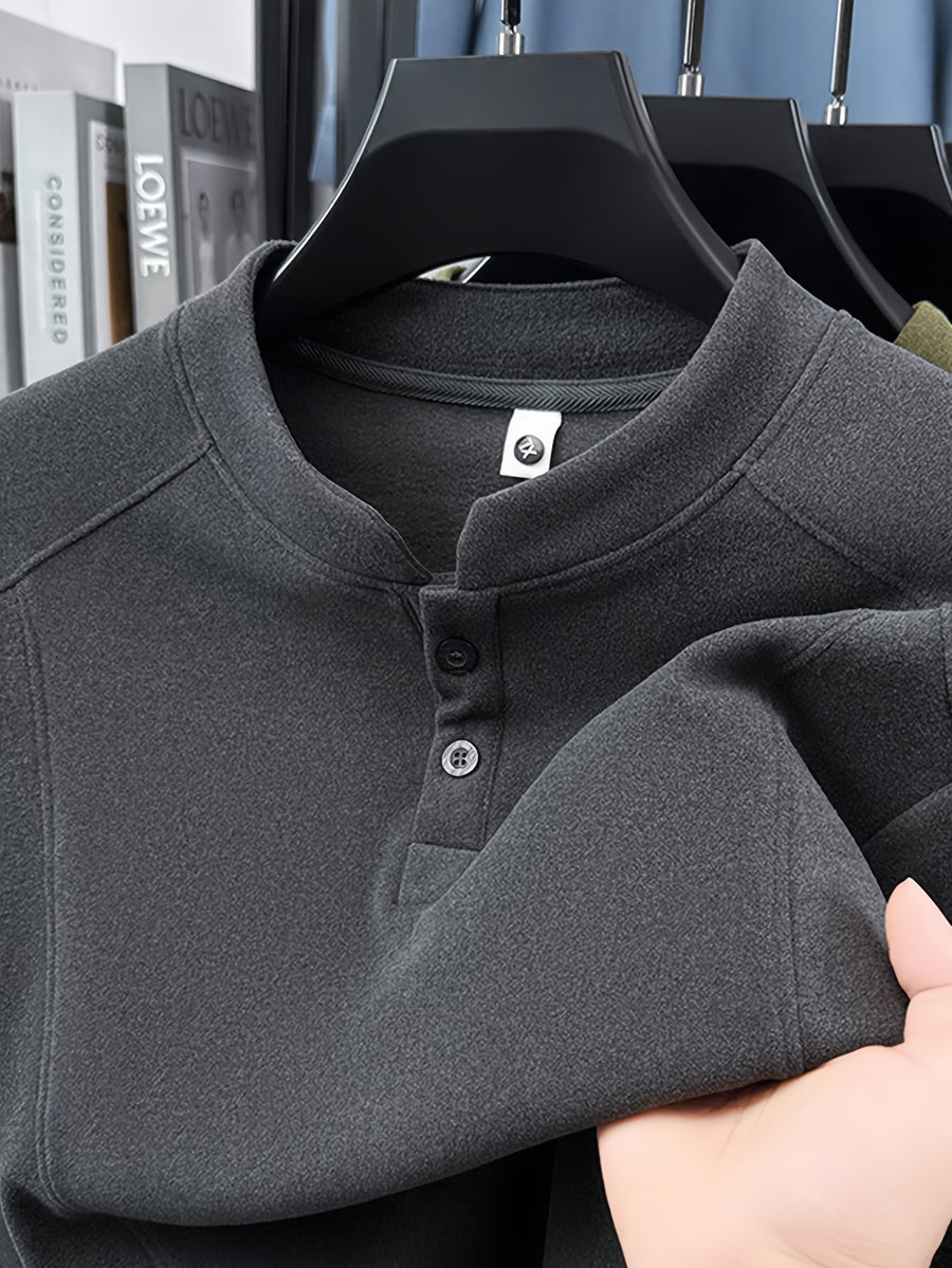 Men's Henley Neck Long Sleeve Base Layer Shirt, Slim Fit but Not Tight, Suitable for Middle-Aged Men, with a Light Business-Casual Vibe. -SINBOS - Dark Gray