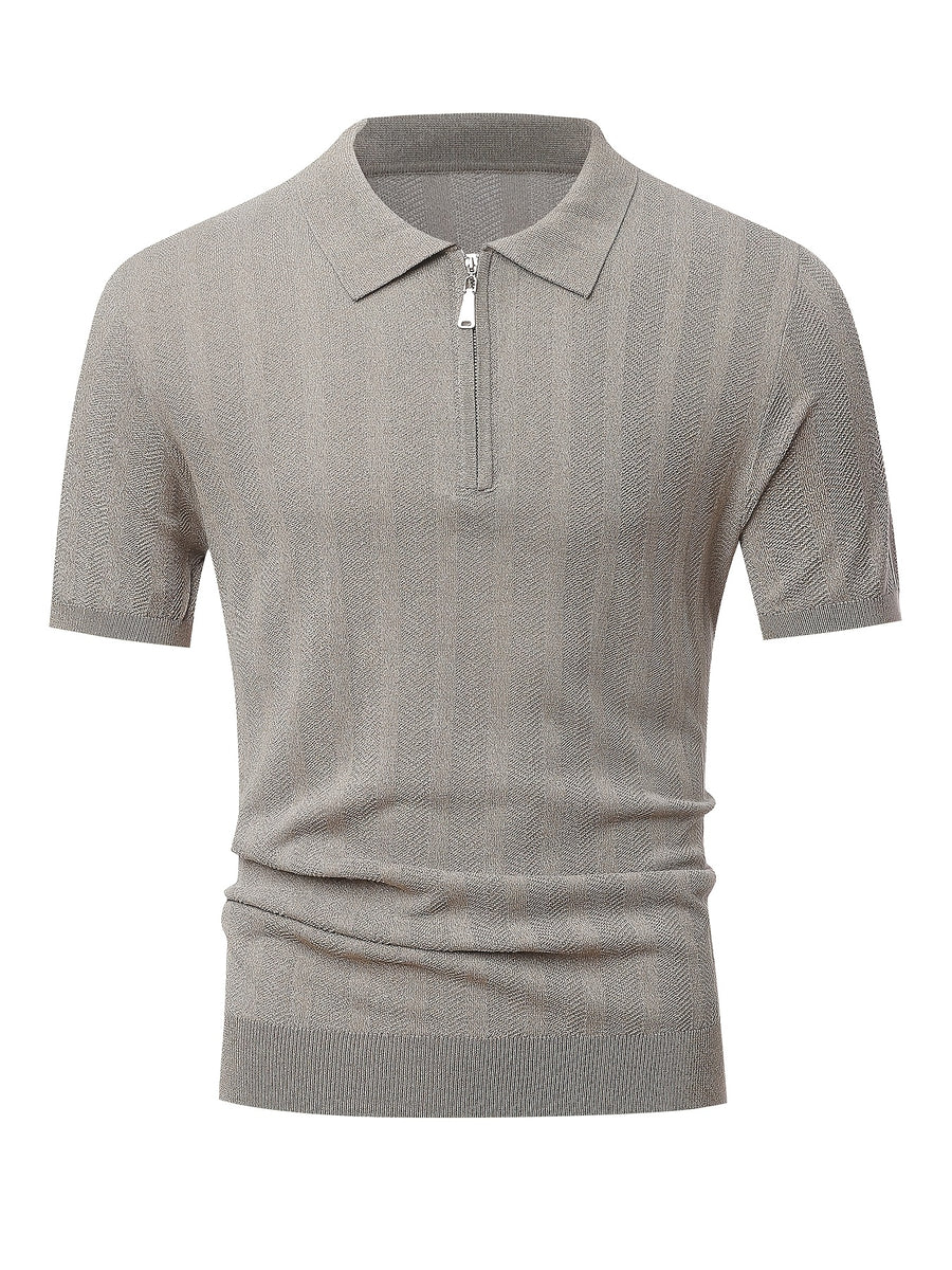 Brand Men'S Half-Zip Knitted Polo Shirt Short Sleeve Vertical Ribbed Texture Lapel Casual Summer Golf Polo Tee - Khaki Apricot