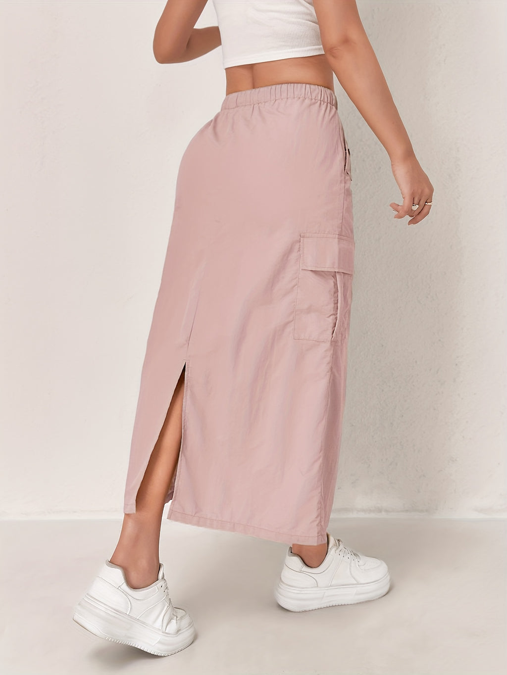 Outdoor Quick-Dry Cargo Skirt Button Design High-Waist Casual Women'S Half Skirt Multi-Pocket Machine Washable Mid-Length Dress - Pink