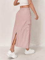 Outdoor Quick-Dry Cargo Skirt Button Design High-Waist Casual Women'S Half Skirt Multi-Pocket Machine Washable Mid-Length Dress - Pink