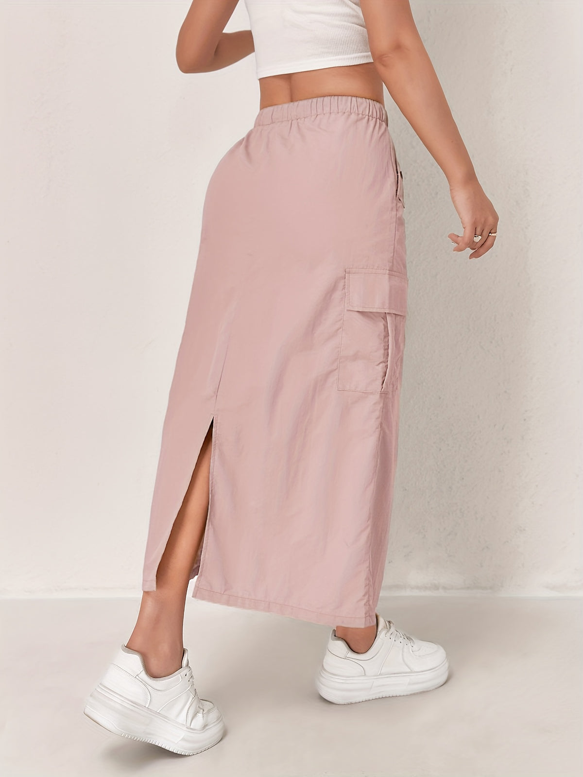 Outdoor Quick-Dry Cargo Skirt Button Design High-Waist Casual Women'S Half Skirt Multi-Pocket Machine Washable Mid-Length Dress - Pink