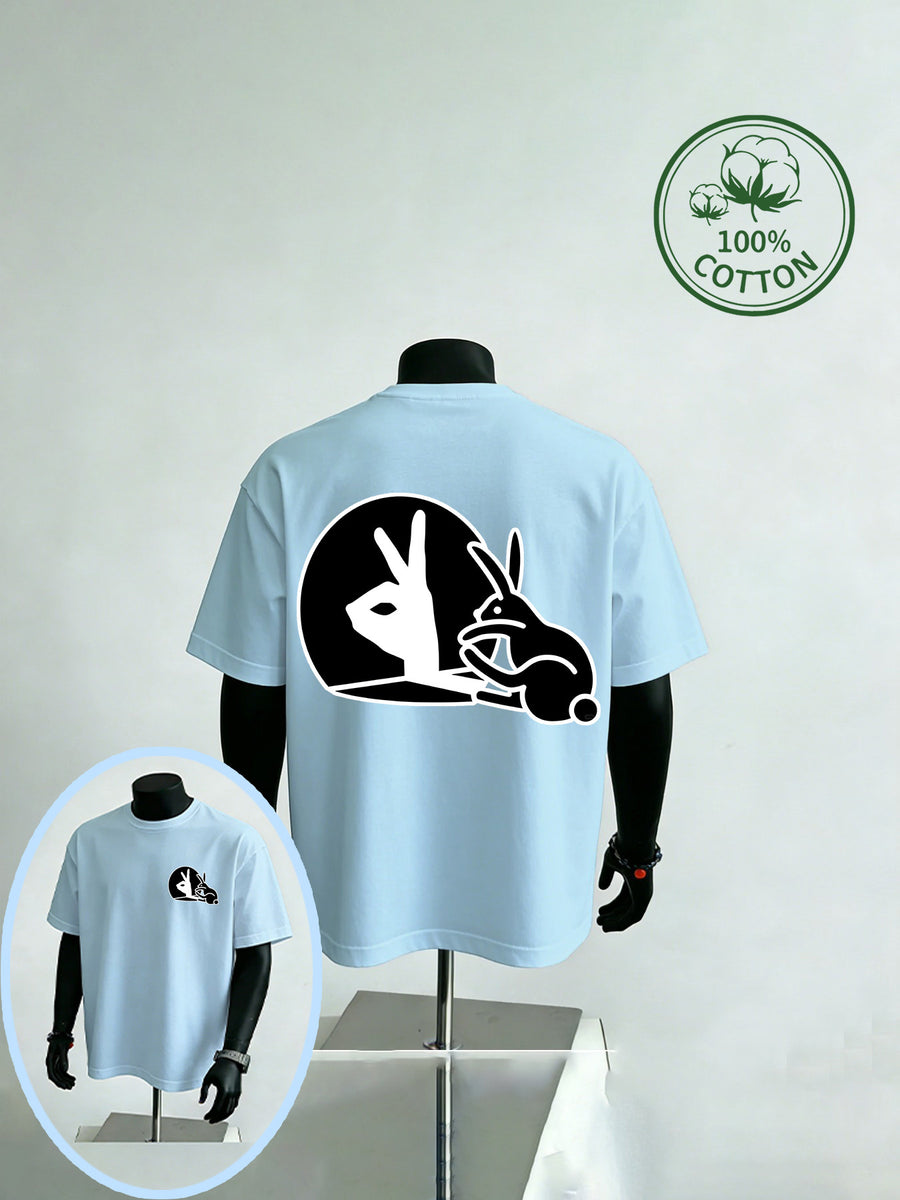 New Summer Style Men's Casual Sportswear with Rabbit Hand Shadow Print, Pure Cotton Short Sleeve, Moisture-Wicking and Sweat-Absorbing, Comfortable for Casual Streetwear and Outdoor Sports & Fitness - Light Blue