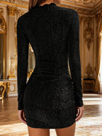 Women'S Shiny Semi-Turtleneck Dress, Waist-Cinching Pleated Bodycon Skirt, Stylish And Elegant Autumn Style - Black