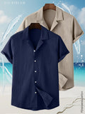 Men's Two-pc Summer Lapel Short-Sleeve Shirts, Casual Loose-Fit Basic Style - Navy Blue+Khaki