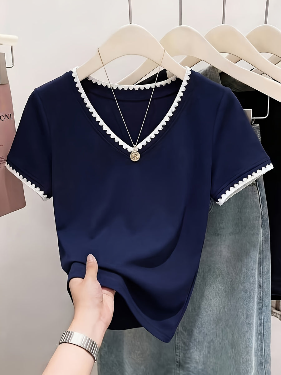 XXFL Directional Style Summer Regular Shoulder V-Neck Color-Block Fashion Versatile Short-Sleeve Top T-Shirt - Navy Color