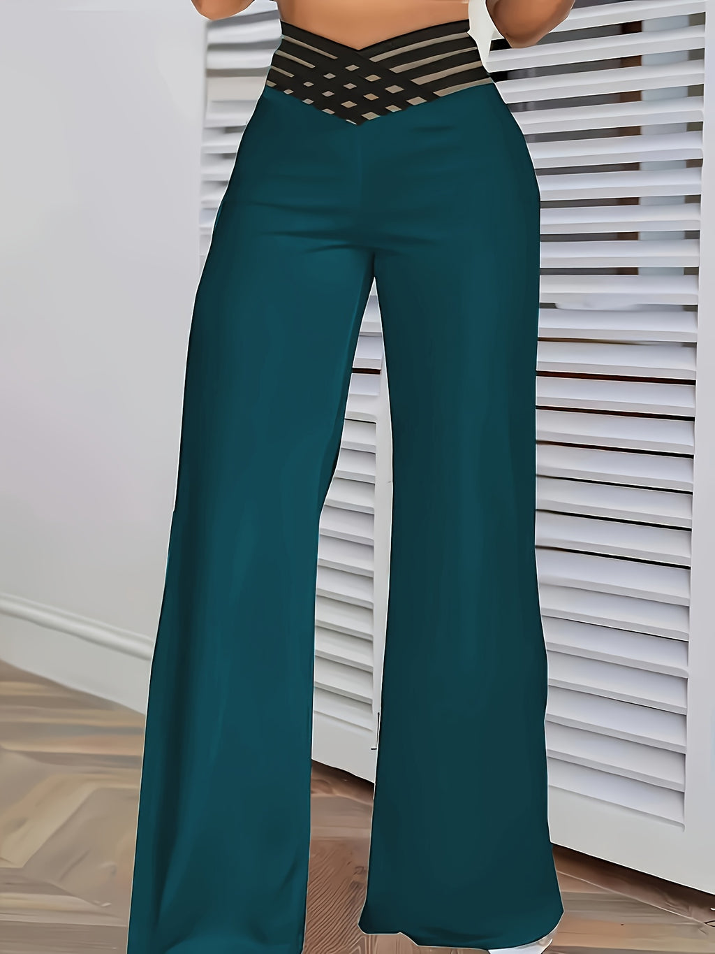 Women's High-Waist Flare Pants with Cross-Front Mesh Detail - Dark Teal, Elegant Bell Bottoms, Machine Washable, All-Season Comfort, Perfect for Casual or Dressy Occasions - Dark Cyan