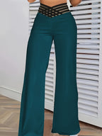 Women's High-Waist Flare Pants with Cross-Front Mesh Detail - Dark Teal, Elegant Bell Bottoms, Machine Washable, All-Season Comfort, Perfect for Casual or Dressy Occasions - Dark Cyan