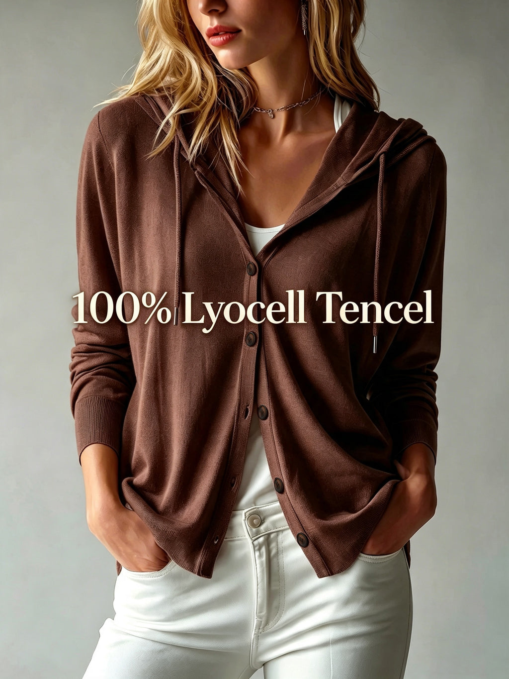 Lyocell Tencel Women'S Sweater Cardigan Hooded Cardigan Women'S Spring Autumn Winter Style Long Sleeve Button Loose Coat, Western Style Casual Temperament Top, Drawstring Hood Design, Daily Commute Outing Versatile Outerwear Elegant - Coffee Color