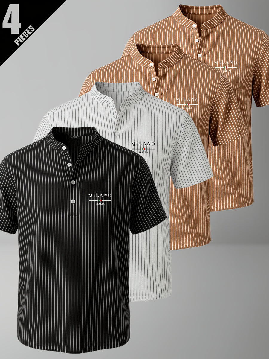 4pcs Men'S Summer Striped Linen Blend Henley Shirts, Milan Print Stand Collar Breathable Short Sleeve, Office Casual Versatile Top - Mixed Color 14