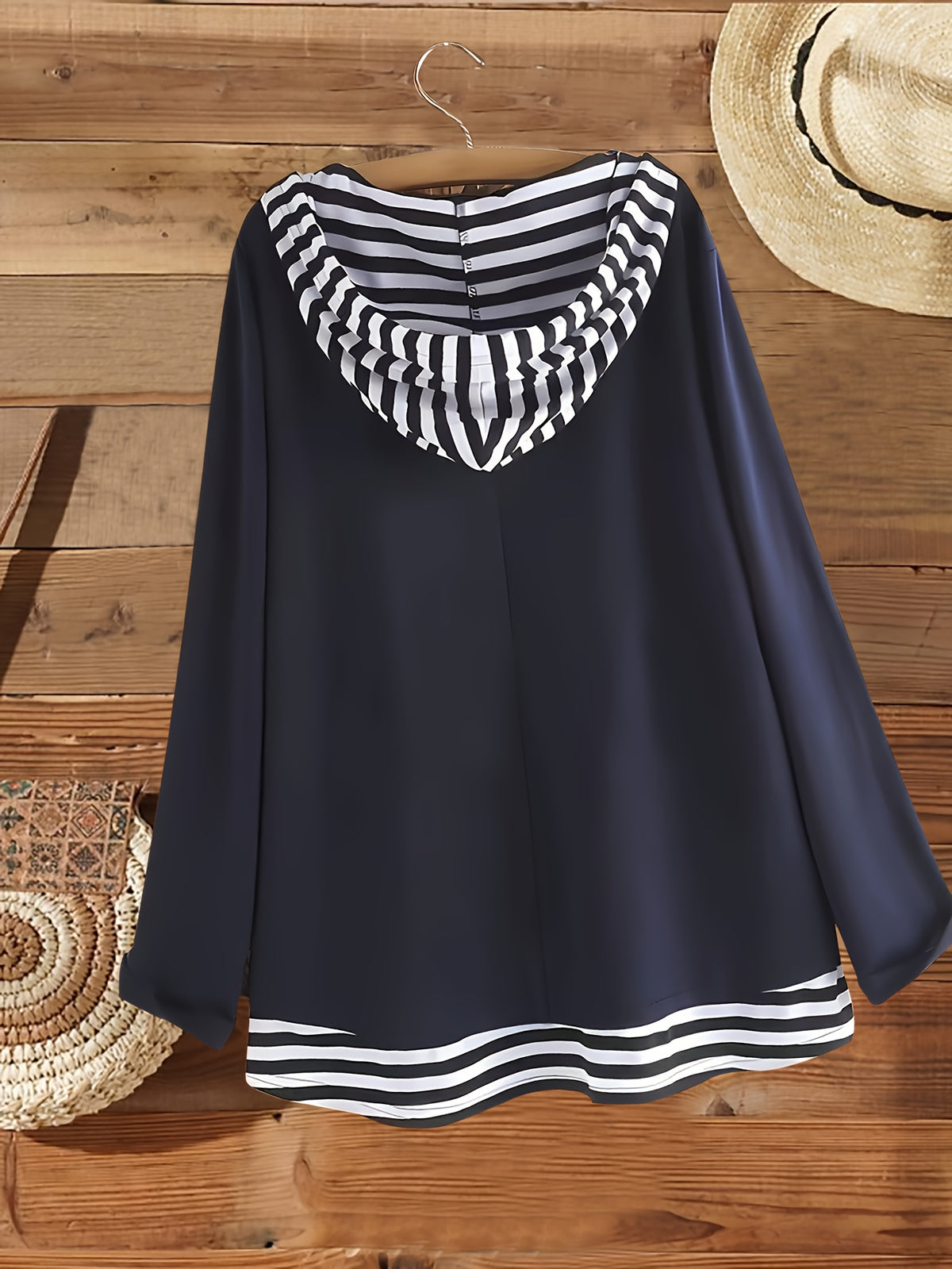 White Puppy Print Striped Patchwork Hoodie, Casual Fashion Elegant Long Sleeve Drawstring Hooded Sweatshirt, Women'S Casual Hoodie - Blue Navy