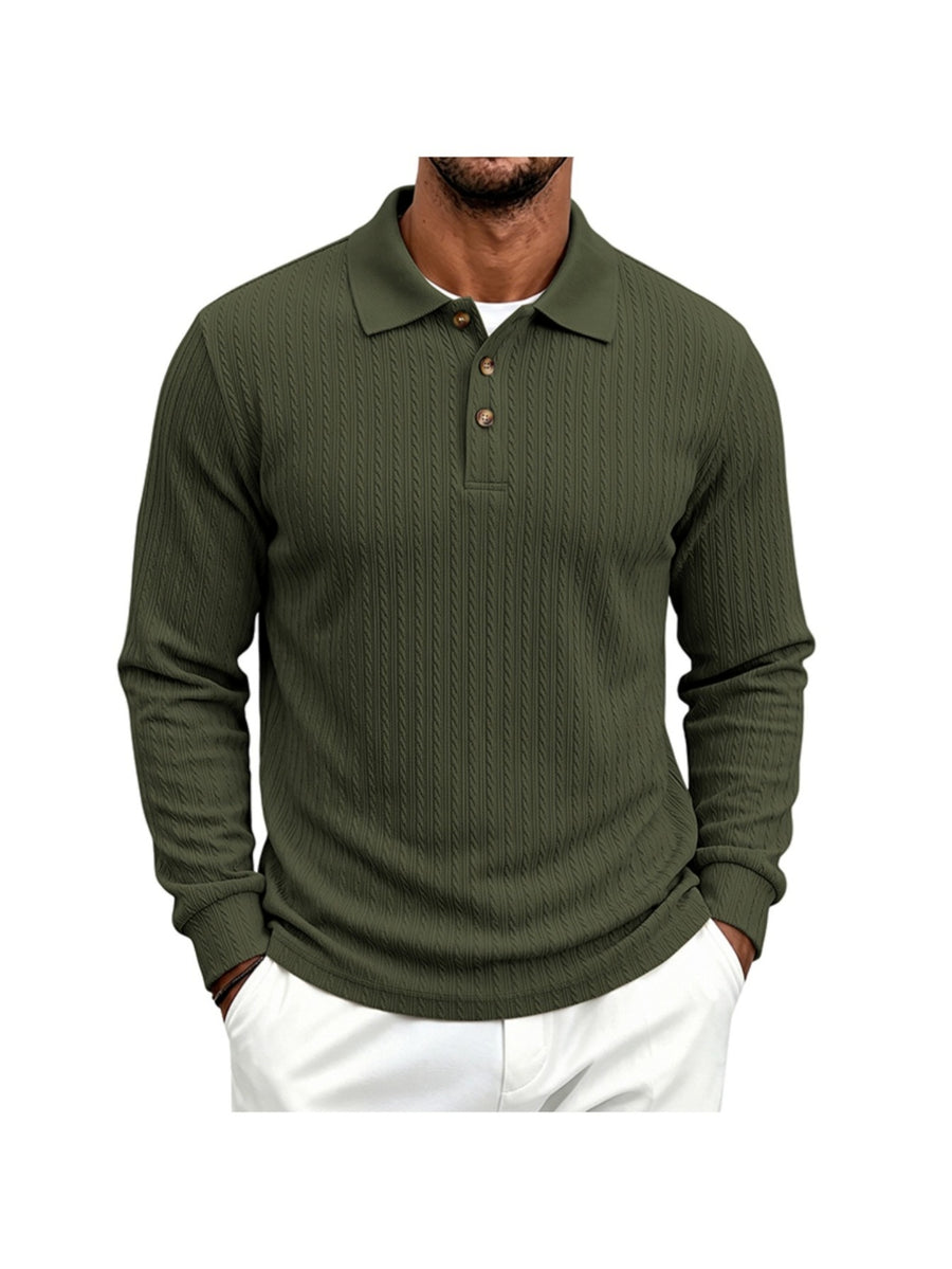 Men's Cable Twist Knit Long Sleeve Polo Shirt, Classic Collar 3 Buttons Solid Pullover, Casual Business Slim Fit Textured Top for Autumn Winter - Olive Green