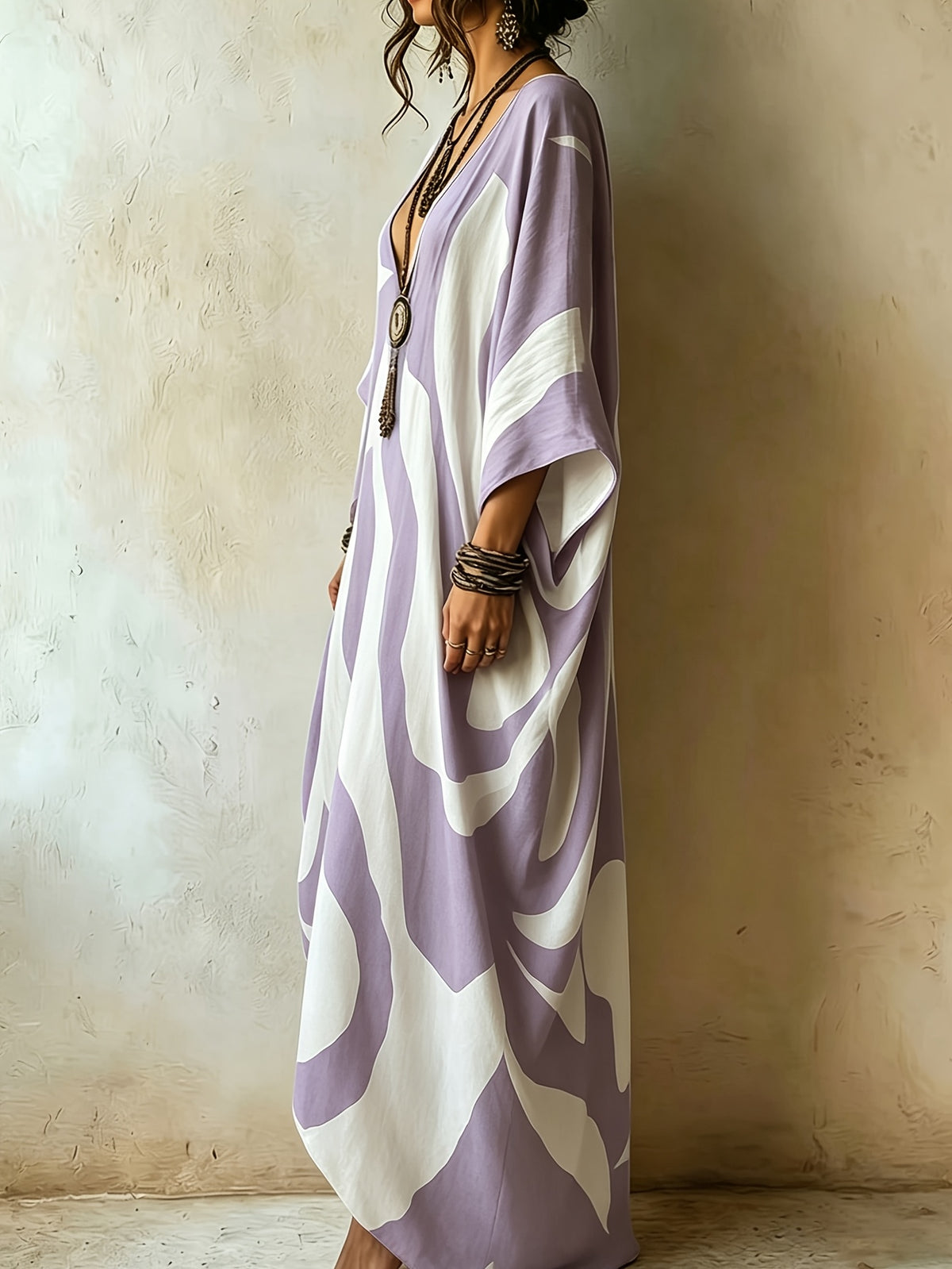 Boho Abstract Color Block Print Kaftan Dress for Women, V-Neck Batwing Sleeve Oversized Vacation Maxi Dress, Beach Cover Up Kaftan Gown - Light Purple