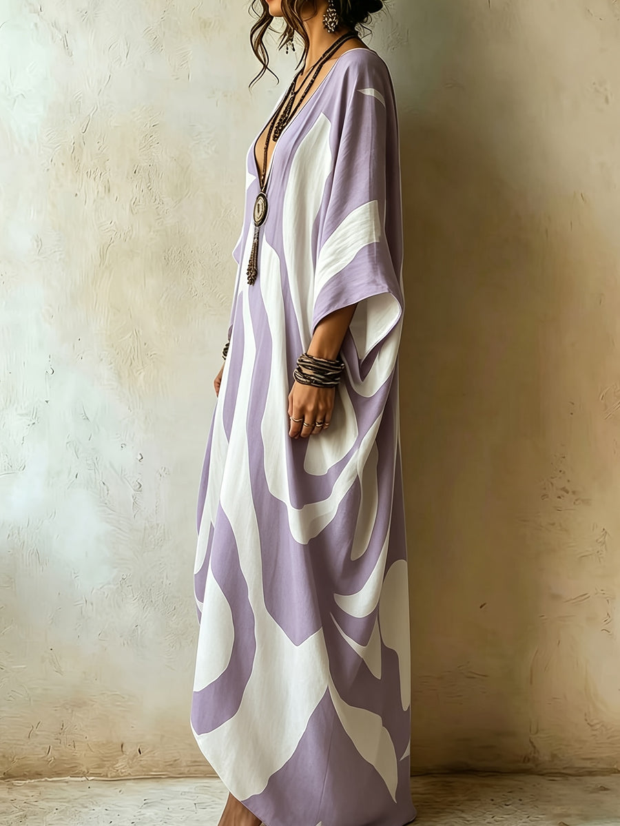 Boho Abstract Color Block Print Kaftan Dress for Women, V-Neck Batwing Sleeve Oversized Vacation Maxi Dress, Beach Cover Up Kaftan Gown - Light Purple