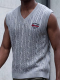 Western Men'S Back-To-School American Preppy Style Jacquard Embroidered V-Neck Knit Vest, Campus Commute Layering for Spring/Autumn - Grey