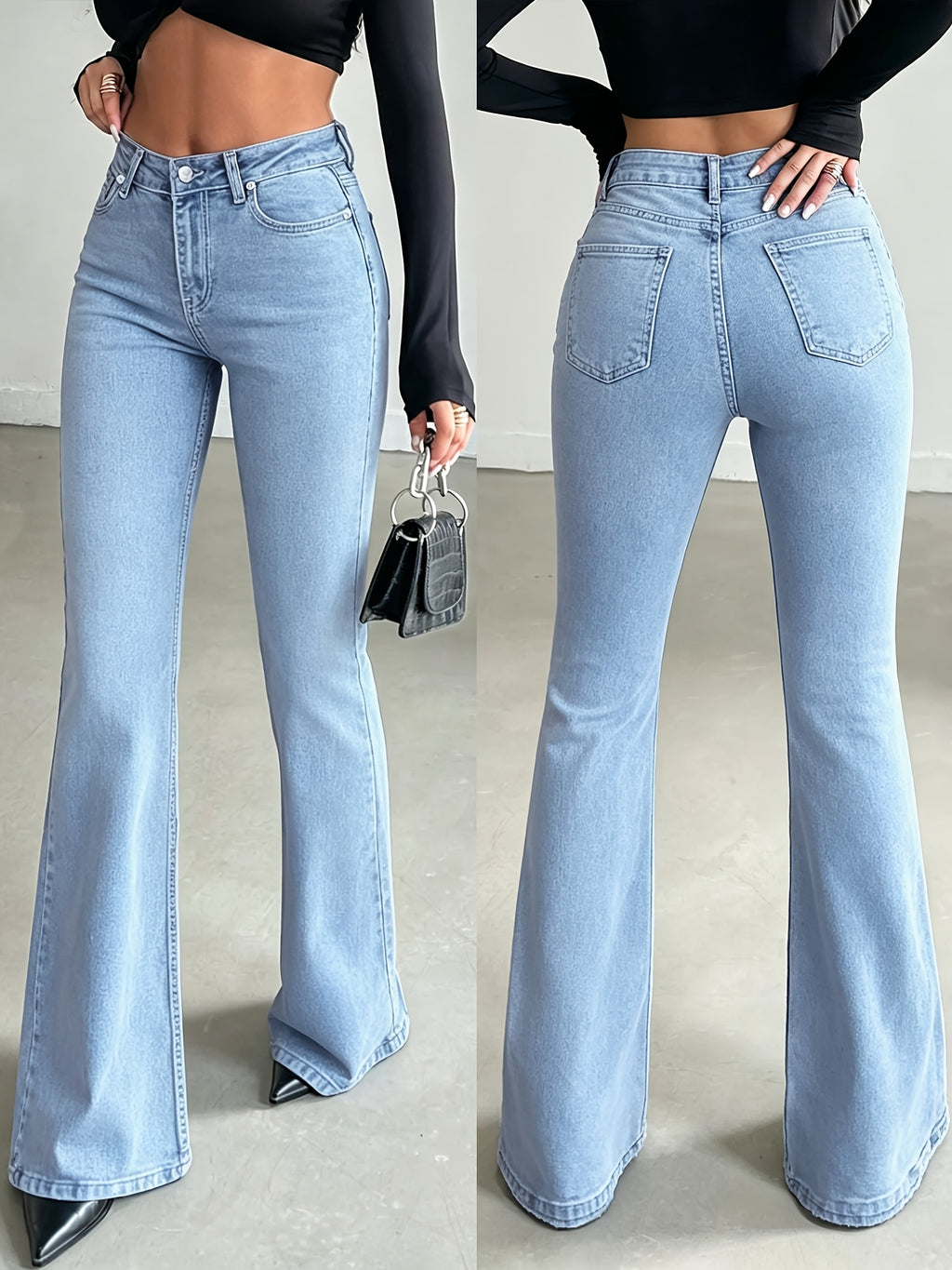 Women's New Stretch Flared Jeans - Washed Light Blue Micro - Flare Denim Pants, 1990s Vintage Style for Women, Elegant Design, Four-Season Wearable with Pockets, Perfect for Work, Travel, and Office Wear. - Light Blue
