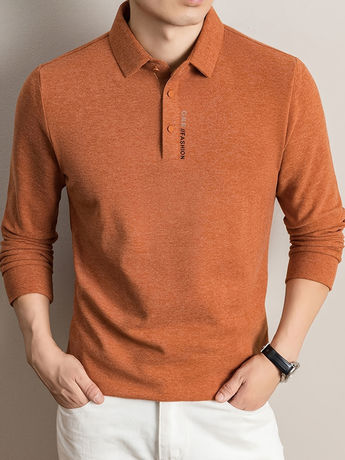 Men's Lapel Casual Knit Long-Sleeve Top, Slightly Relaxed Fit, Suitable for Both Business and Casual Wear, Ideal for Men's Commuting and Daily Use - SINBOS - Pumpkin Orange
