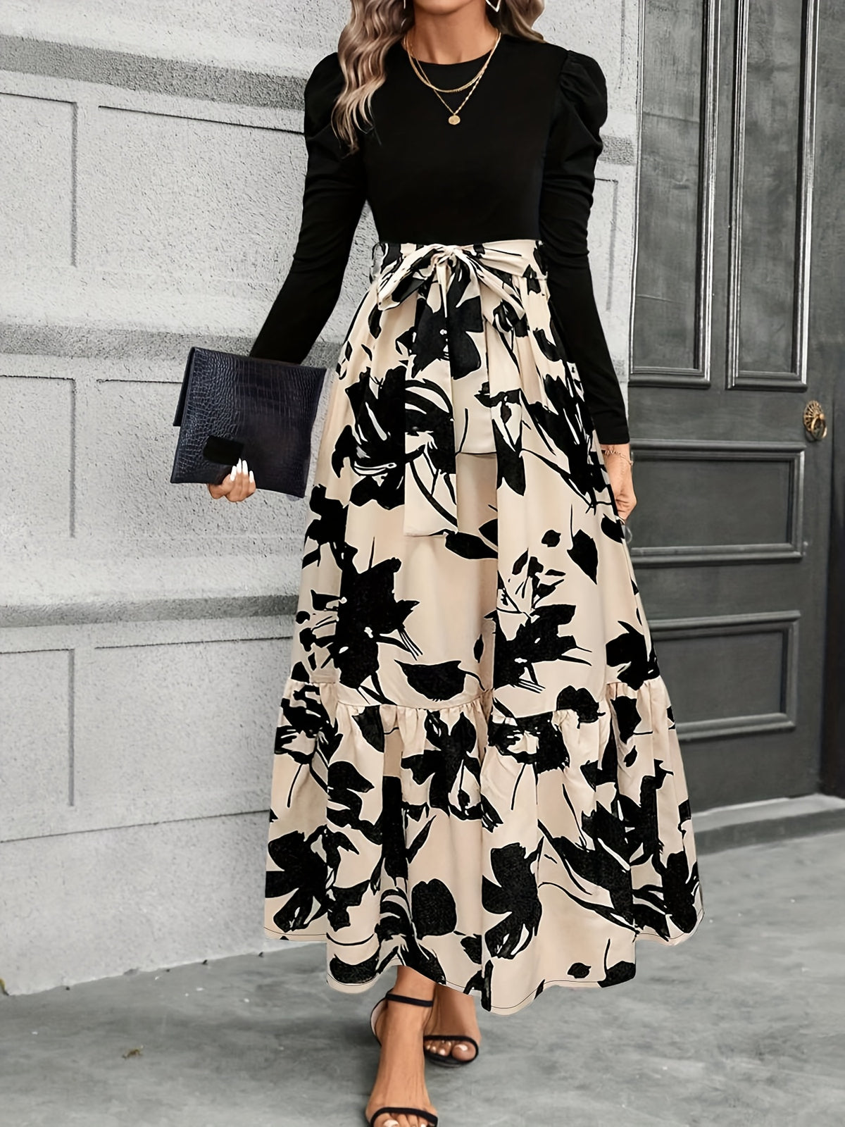 Women's Elegant Spliced Print Contrast Color Tie Dress - Multicolor