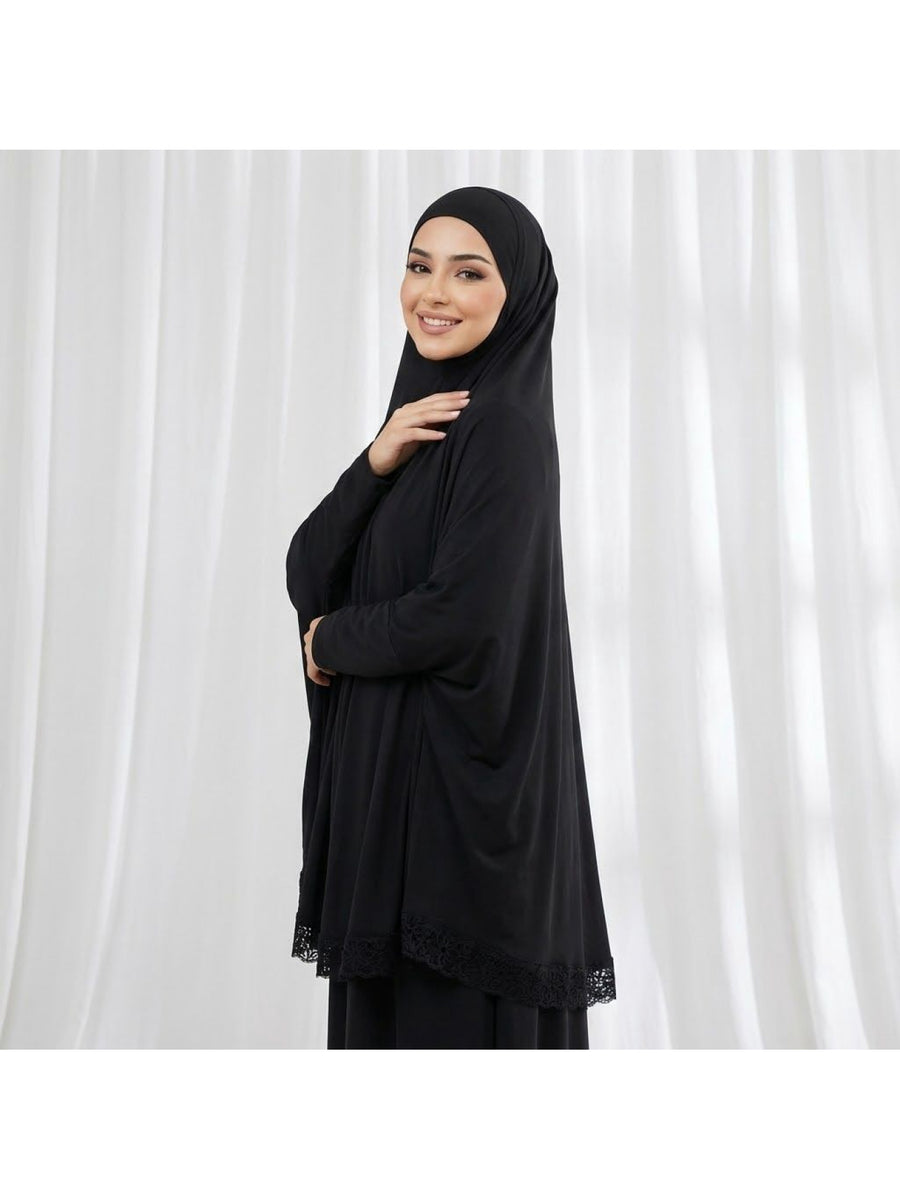 1pc Muslim Women Elegant Lace Trim Double Headscarf Long Sleeve Loose Headscarf Robe - Lightweight Breathable Quick-Drying Festival Prayer Robe, Lace Trim Double Headscarf Suitable for Eid Al-Fitr, Daily Wear And Outdoor, Quick-Drying Headwear - Black