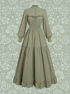 Spring Summer Court Style Olive Green Stand-Up Collar Dress, Wood Ear Trim Puff Sleeve Cable Waist, Vintage Elegant Flared Long Skirt Women'S 3A11378-1 - Matcha Color