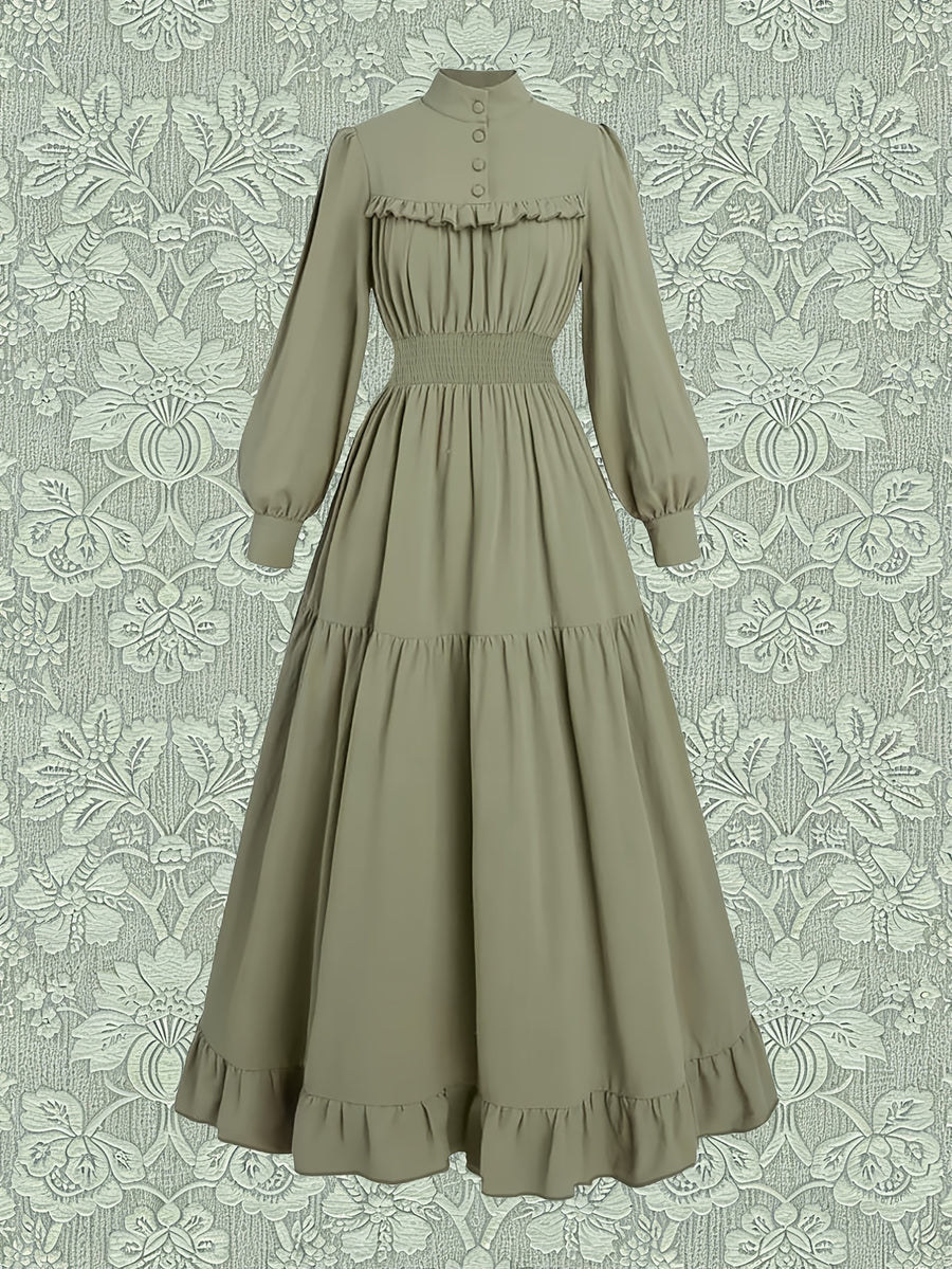 Spring Summer Court Style Olive Green Stand-Up Collar Dress, Wood Ear Trim Puff Sleeve Cable Waist, Vintage Elegant Flared Long Skirt Women'S 3A11378-1 - Matcha Color