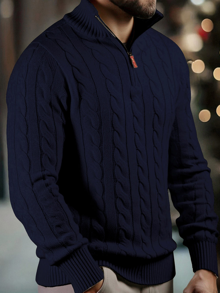 Men's Fashion High-Neck Zipper Twist Knit Sweater, Solid Color Versatile Pullover, Soft Medium-Stretch Fabric, Suitable for Autumn/Winter Office, Date Night, Casual Wear, Ideal as a Gift - Blue