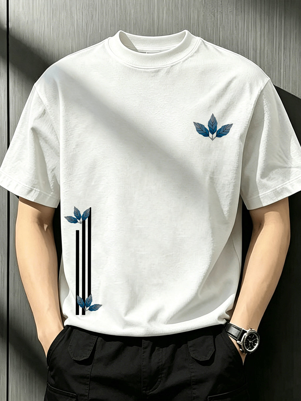 Men'S White Crew Neck Short Sleeve T-Shirt Printed with Minimalist Line Blue Maple Leaf, Niche Fresh Casual Loose Fit Breathable Basic Top for Summer - White