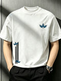 Men'S White Crew Neck Short Sleeve T-Shirt Printed with Minimalist Line Blue Maple Leaf, Niche Fresh Casual Loose Fit Breathable Basic Top for Summer - White