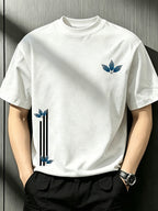 Men'S White Crew Neck Short Sleeve T-Shirt Printed with Minimalist Line Blue Maple Leaf, Niche Fresh Casual Loose Fit Breathable Basic Top for Summer - White