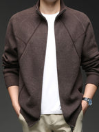 Men's Stand Collar Full-Zip Knit Cardigan, Long Sleeve Outerwear, Ribbed Neckline, Cuffs, and Hem, Two-Way Zipper - SINBOS - Coffee Color