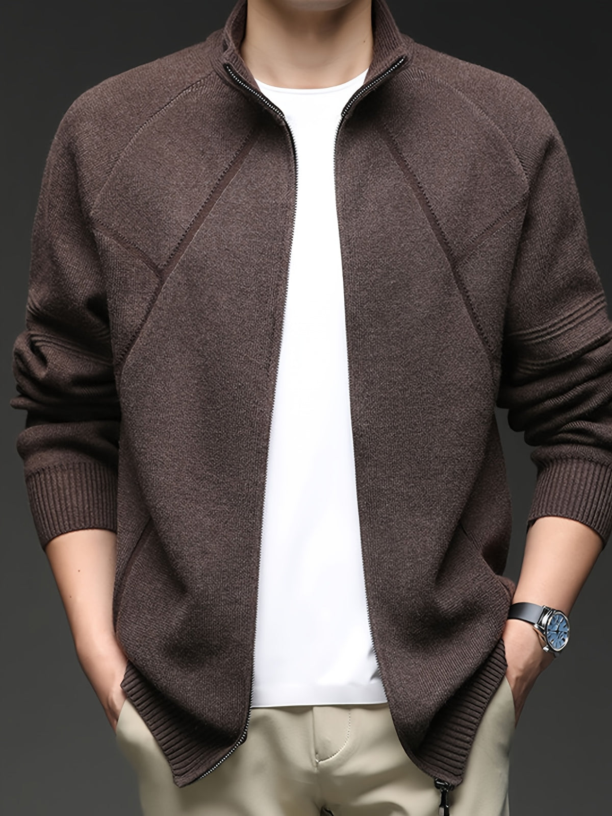 Men's Stand Collar Full-Zip Knit Cardigan, Long Sleeve Outerwear, Ribbed Neckline, Cuffs, and Hem, Two-Way Zipper - SINBOS - Coffee Color