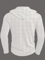 Men's Fashion Casual Textured Solid Color Long Sleeve Hooded Drawstring Button Henley Shirt for Autumn and Winter, New Season - White