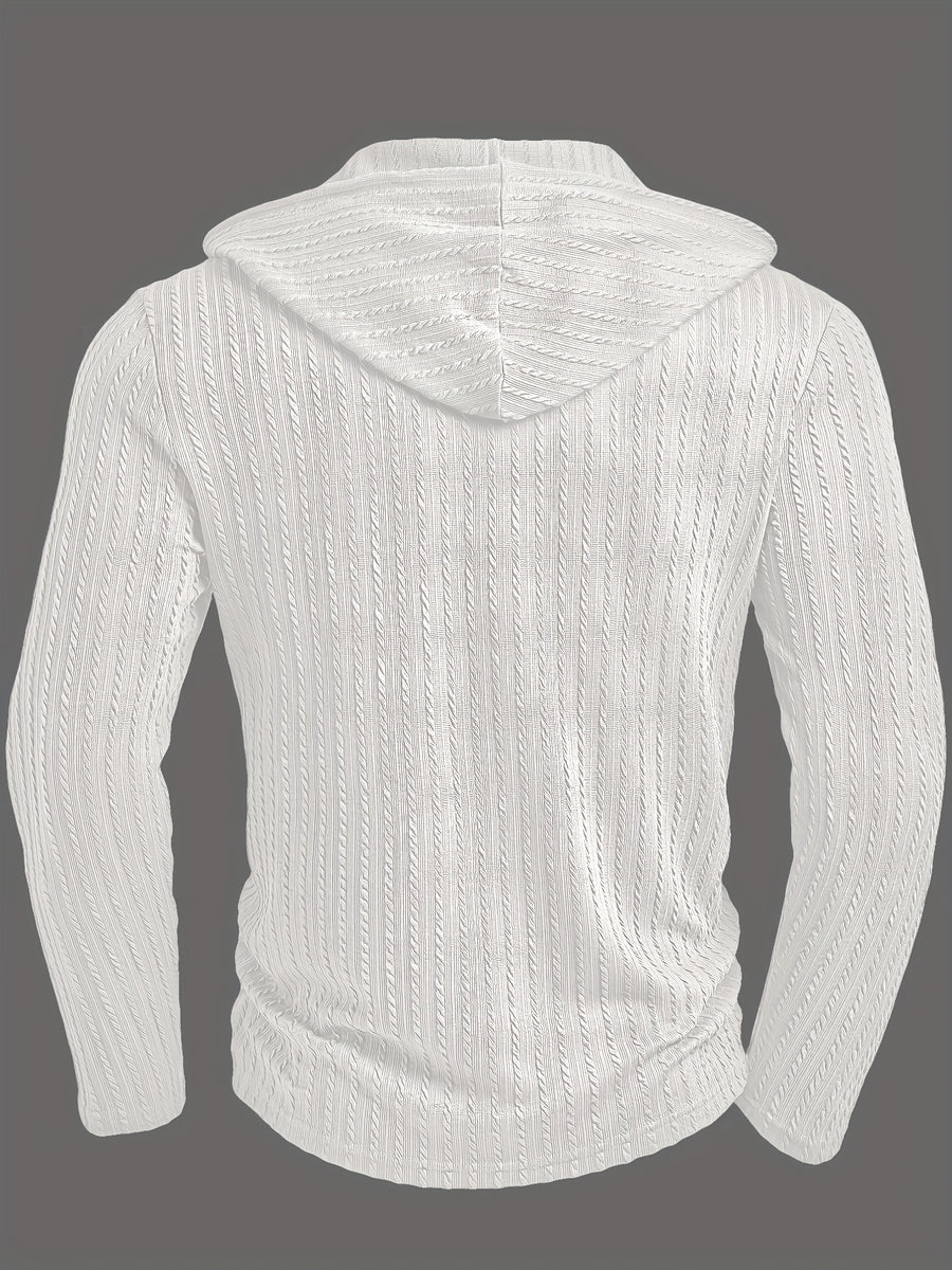 Men's Fashion Casual Textured Solid Color Long Sleeve Hooded Drawstring Button Henley Shirt for Autumn and Winter, New Season - White