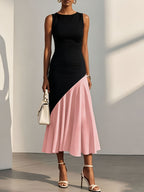 Women'S Summer Round Neck Elegant Sleeveless Two-Tone Dress, Asymmetrical Cut Design, Formal Gown, Bridesmaid Dress, Suitable for Wedding Season, Evening Parties, Casual Wear, Contrast Dress - Black Pink