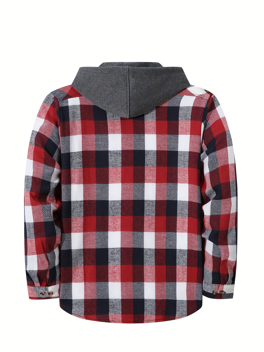 Men'S Plaid Hoodie Fashion Hoodie Fleece Shirt Price Long Sleeve Casual Button-Up Hoodie, Autumn Essentials - Red-white-gray