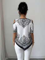 Women's Elegant Asymmetrical Hem Blouse Top - Short Sleeve Round Neck Church Shirt with Asymmetrical Hemline, Black & White Print Suitable for Commuting, Church Events, Casual Outfits, Spring Summer Fall Wardrobe Essential - Black And White