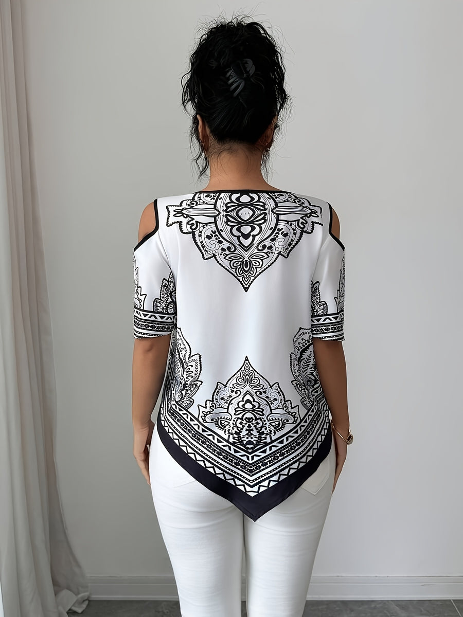Women's Elegant Asymmetrical Hem Blouse Top - Short Sleeve Round Neck Church Shirt with Asymmetrical Hemline, Black & White Print Suitable for Commuting, Church Events, Casual Outfits, Spring Summer Fall Wardrobe Essential - Black And White