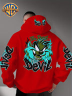 Le Yitong Big Mouth Monster The Devil Flame Print Hoodie, with Sleeve Print Design, Kangaroo Pouch And Drawstring Hood, Suitable for Autumn/Winter Casual Wear And Outdoor Activities - Red