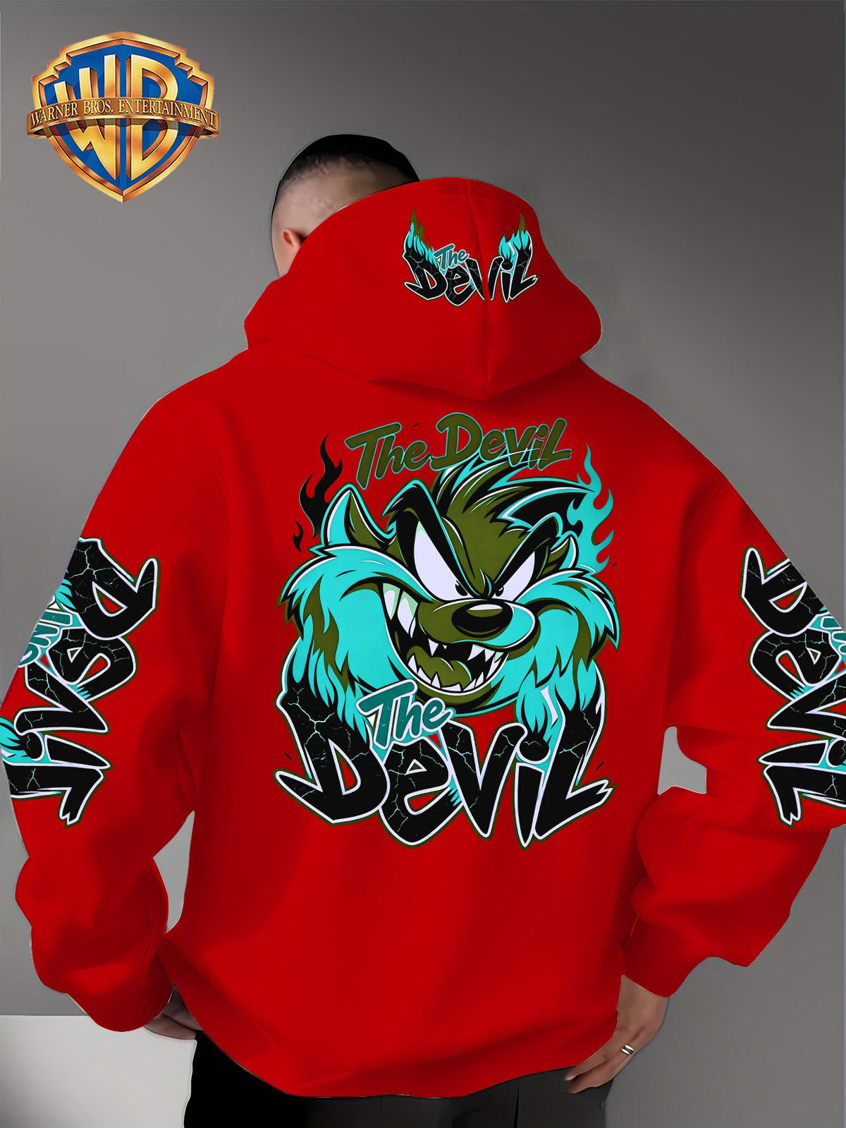 Le Yitong Big Mouth Monster The Devil Flame Print Hoodie, with Sleeve Print Design, Kangaroo Pouch And Drawstring Hood, Suitable for Autumn/Winter Casual Wear And Outdoor Activities - Red